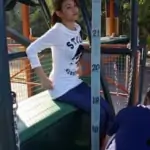 young woman preparing to bungy jump