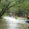 group of people kayaking through chiang dao jungle river