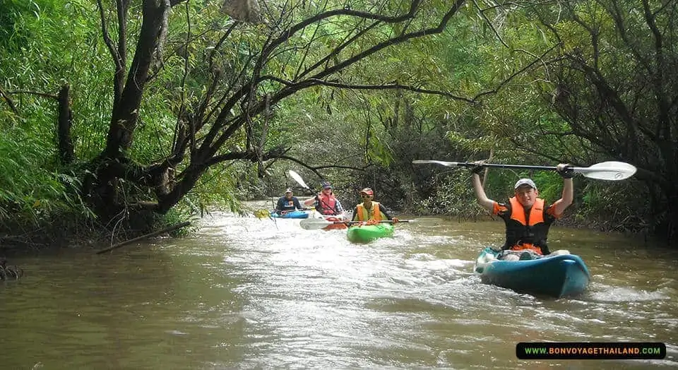 group of people kayaking through chiang dao jungle river