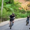 group of people riding on e-bikes on paved road
