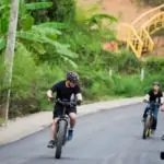 group of people riding on e-bikes on paved road