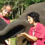 man and woman bonding with elephant