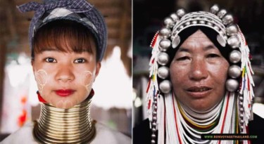 long neck karen and akha women in their respective traditional costumes