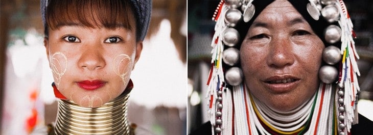 long neck karen and akha women in traditional costumes