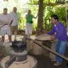 traditional way of rice milling to remove the husk to produce white rice