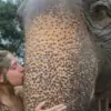 young lady with mud on face kissing an elephant