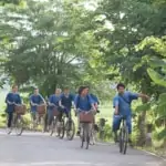 group of people cycling along rice paddy in the country