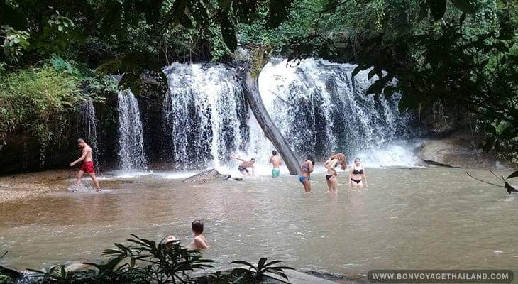 group of people enjoying swimming in waterfall