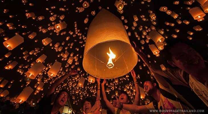 floating lanterns during yeepeng lantern international festival in chiang mai